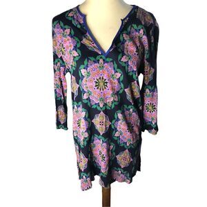J Crew Blue Pink Medallion V Neck 3/4 Sleeve Gauze Cotton Tunic Swimsuit Cover U